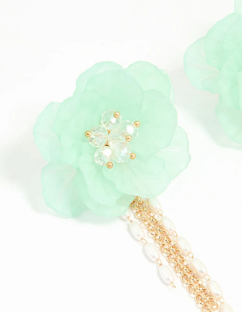 Gold Blue Flower Chain Drop Earrings