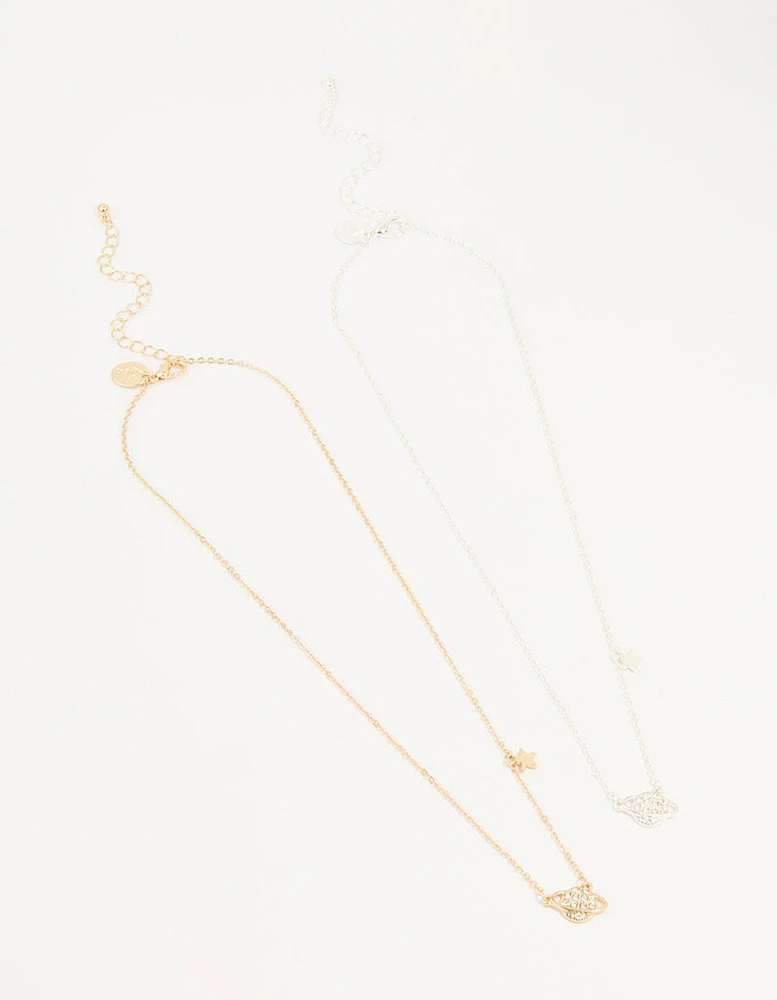 Mixed Metal Star & Planet Necklaces 2-Pack