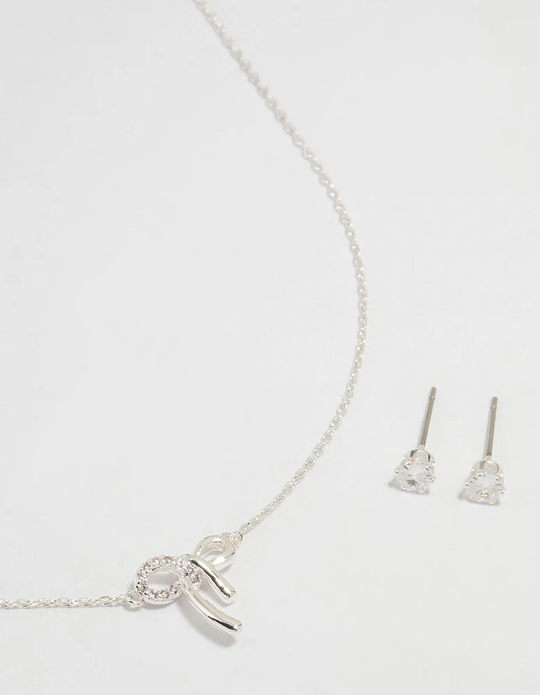 Silver Cubic Zirconia Bow Necklace & Earrings Set