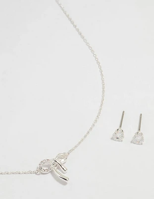 Silver Cubic Zirconia Bow Necklace & Earrings Set