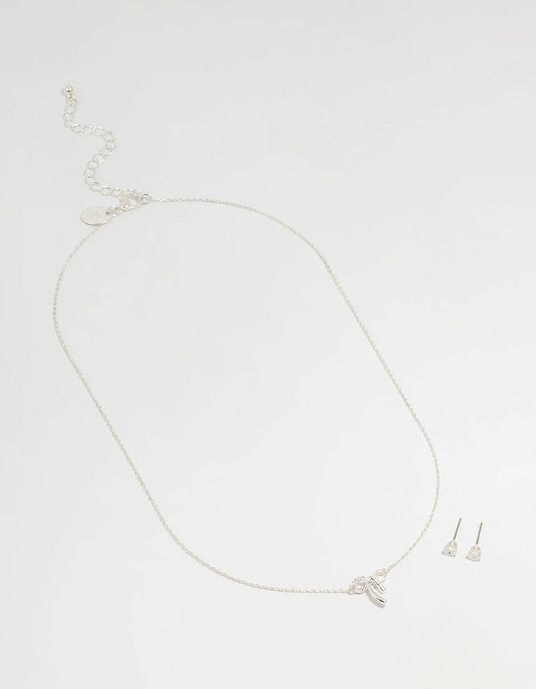 Silver Cubic Zirconia Bow Necklace & Earrings Set