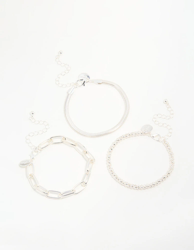 Silver Mixed Chains Bracelet 3-Pack