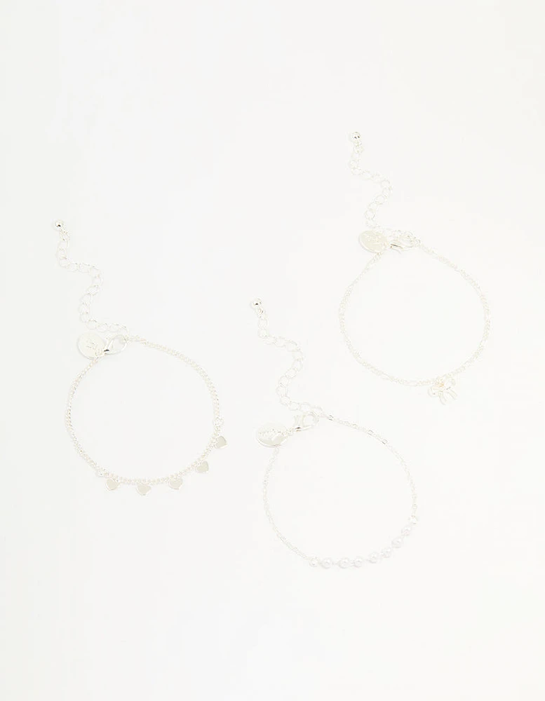 Silver Diamante Bow & Heart Bracelets 3-Pack