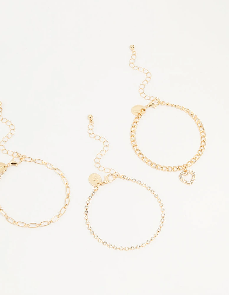 Gold Diamante Mixed Chain Heart Bracelets 3-Pack