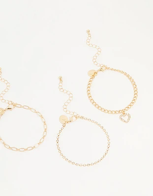Gold Diamante Mixed Chain Heart Bracelets 3-Pack