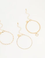 Gold Diamante Mixed Chain Heart Bracelets 3-Pack
