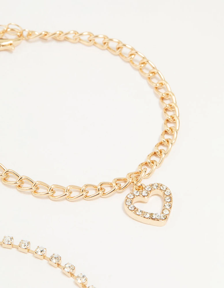 Gold Diamante Mixed Chain Heart Bracelets 3-Pack