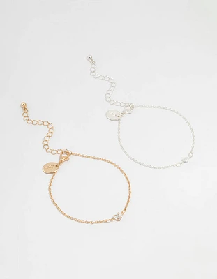 Mixed Metal Cubic Zirconia Heart Bracelets 2-Pack