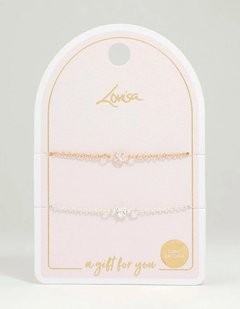 Mixed Metal Cubic Zirconia Heart Bracelets 2-Pack