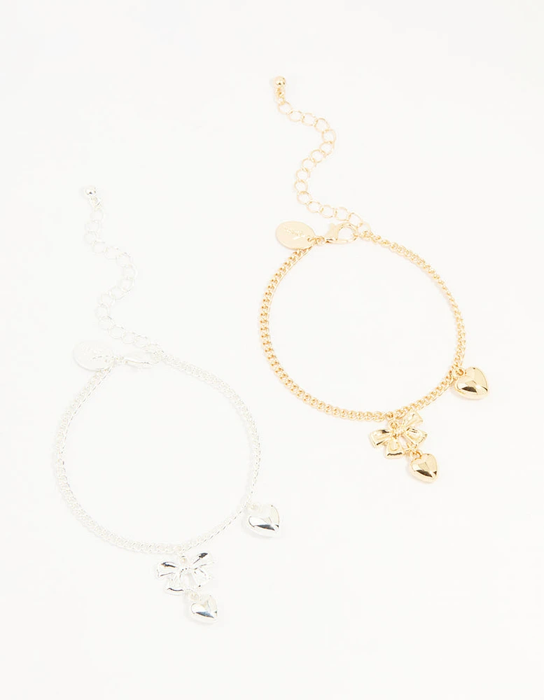 Mixed Metals Bow & Heart Bracelets 2-Pack