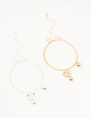 Mixed Metals Bow & Heart Bracelets 2-Pack