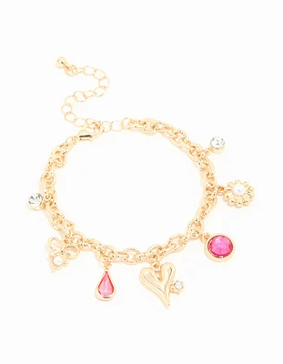 Gold Heart & Flower Charm Bracelet