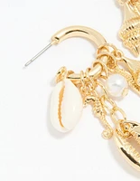 Gold Pearl & Shell Charm Drop Earrings