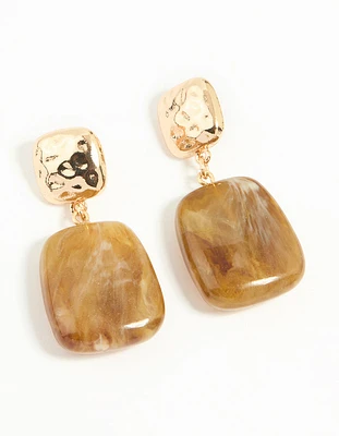 Gold Brown Double Square Drop Earrings
