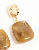 Gold Brown Double Square Drop Earrings