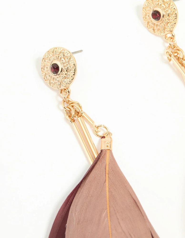 Gold Burgundy & Pink Feather Drop Earrings