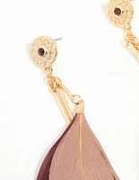 Gold Burgundy & Pink Feather Drop Earrings