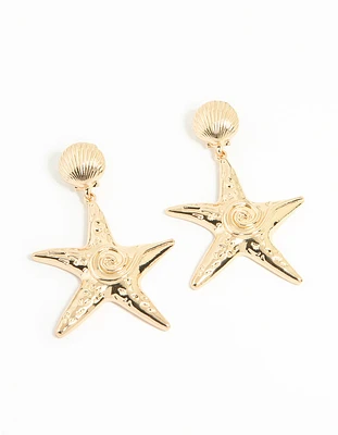 Gold Starfish & Shell Stud Earrings