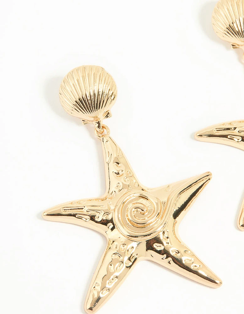 Gold Starfish & Shell Stud Earrings