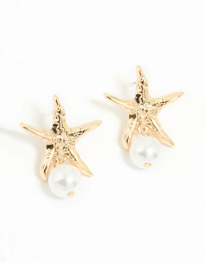 Gold Pearl Starfish Drop Earrings