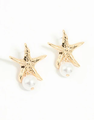 Gold Pearl Starfish Drop Earrings