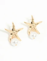 Gold Pearl Starfish Drop Earrings
