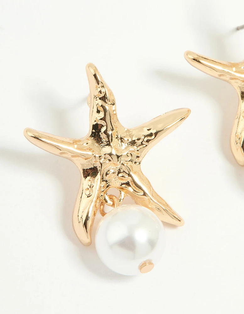 Gold Pearl Starfish Drop Earrings