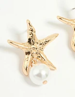 Gold Pearl Starfish Drop Earrings
