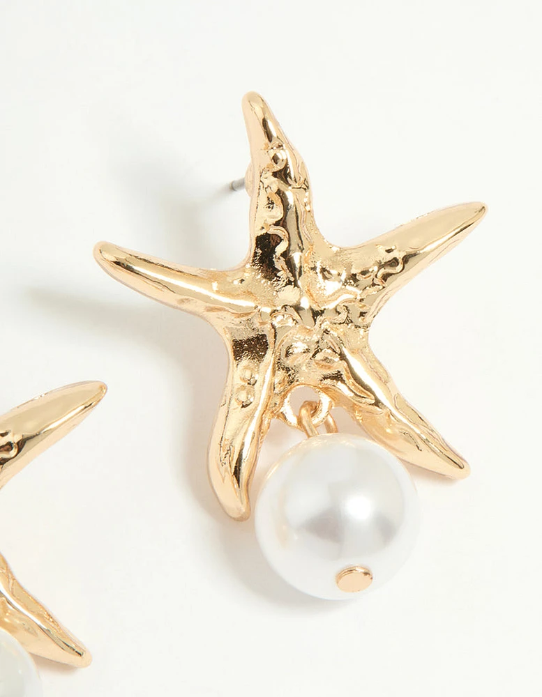 Gold Pearl Starfish Drop Earrings