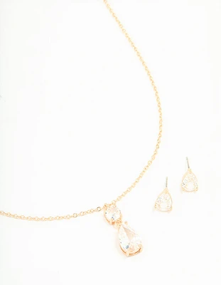 Gold Cubic Zirconia Classic Teardrop Earrings & Necklace Set