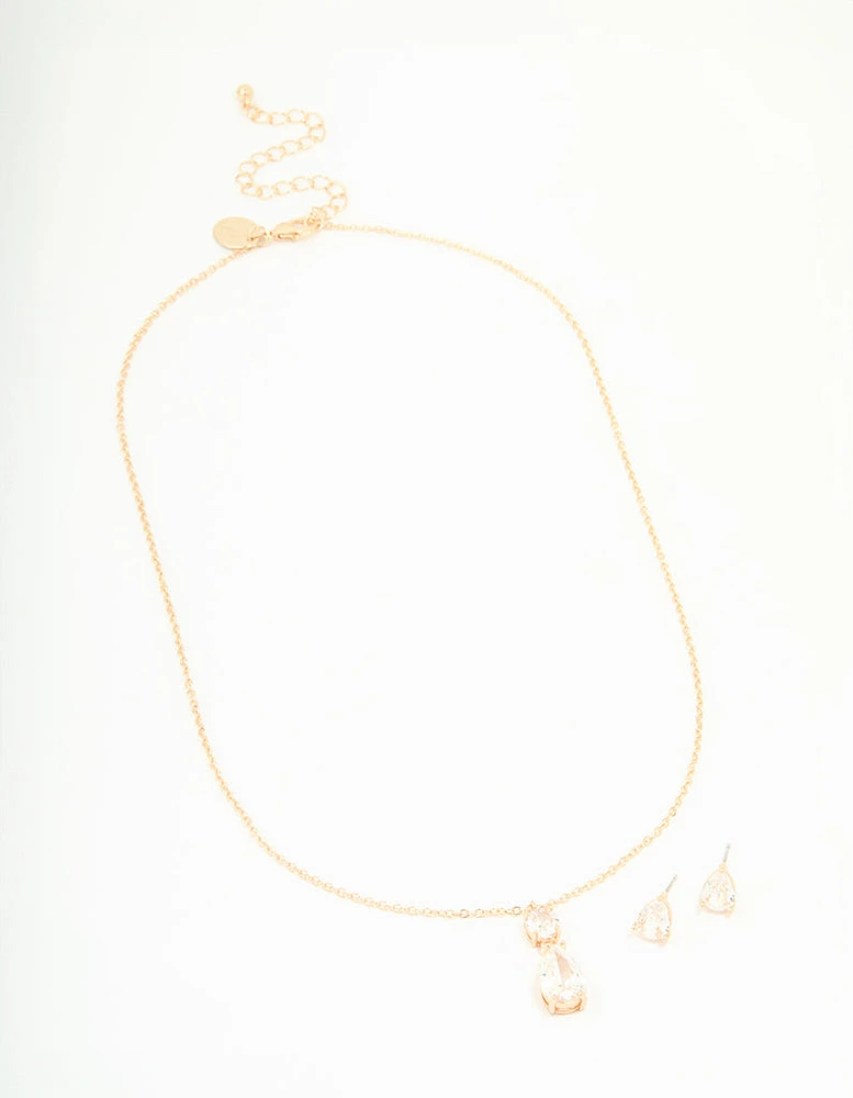 Gold Cubic Zirconia Classic Teardrop Earrings & Necklace Set