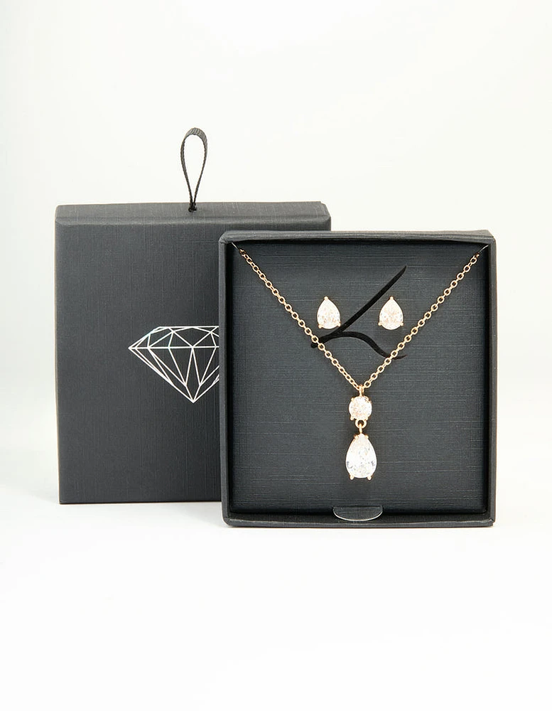 Gold Cubic Zirconia Classic Teardrop Earrings & Necklace Set