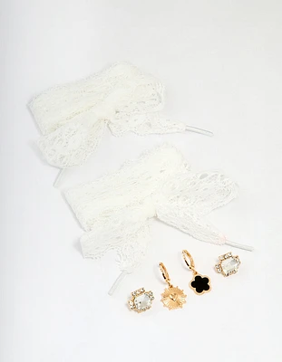 Gold White Shoe Laces & Shoe Charms 4-Pack