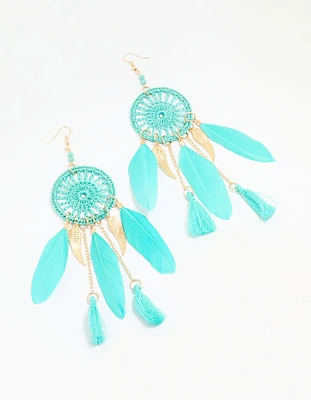 Blue Feather Dreamcatcher Drop Earrings