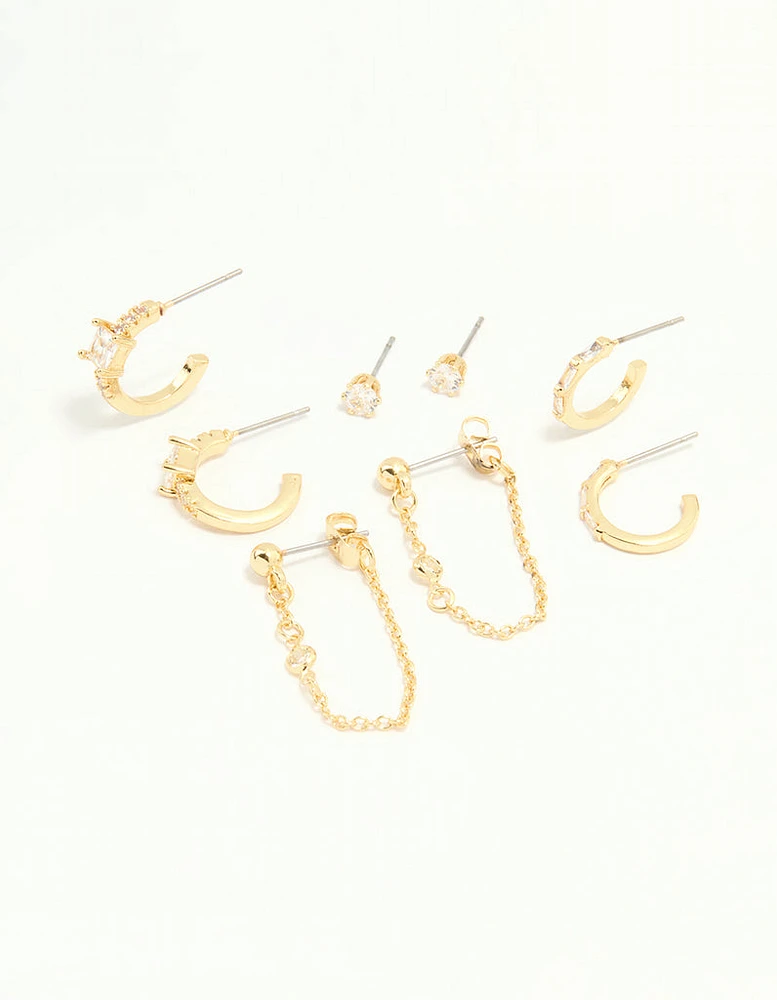 Gold Plated Cubic Zirconia Baguette Hoop & Chain Earrings 4-Pack