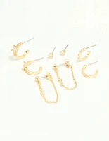Gold Plated Cubic Zirconia Baguette Hoop & Chain Earrings 4-Pack