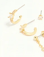Gold Plated Cubic Zirconia Baguette Hoop & Chain Earrings 4-Pack
