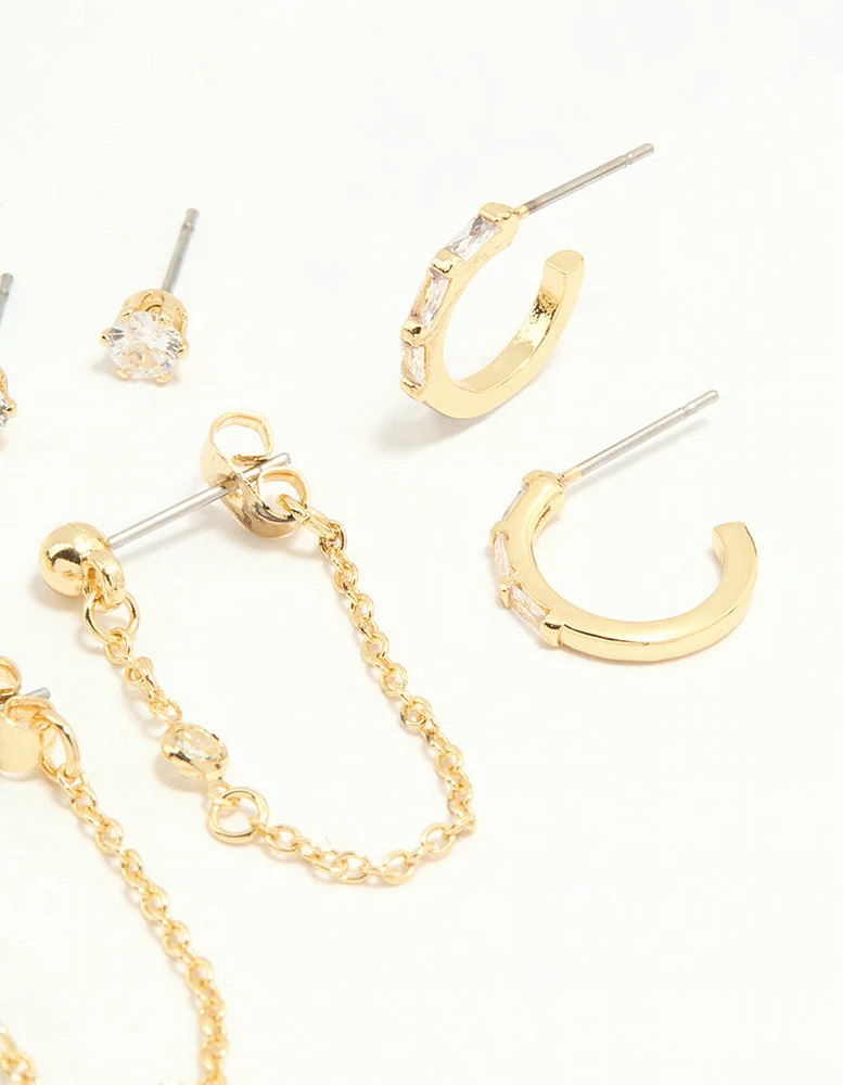 Gold Plated Cubic Zirconia Baguette Hoop & Chain Earrings 4-Pack