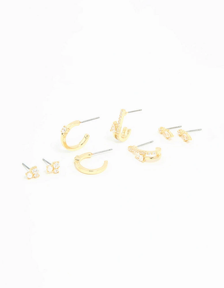 Gold Plated Cubic Zirconia Teardrop Hoop & Stud Earrings 4-Pack