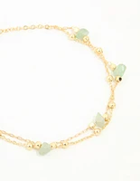 Gold Plated Green Semi Precious Stone Layered Toggle Bracelet