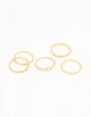 Gold Plated Cubic Zirconia Plain & Heart Stacking Rings 5-Pack