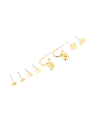 Gold Plated Cubic Zirconia Letter E Dainty Flower Earrings 4-Pack