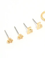 Gold Plated Cubic Zirconia Letter E Dainty Flower Earrings 4-Pack