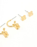 Gold Plated Cubic Zirconia Letter E Dainty Flower Earrings 4-Pack