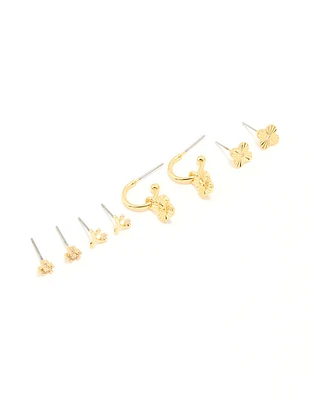 Gold Plated Cubic Zirconia Letter K & Dainty Flower Earrings 4-Pack