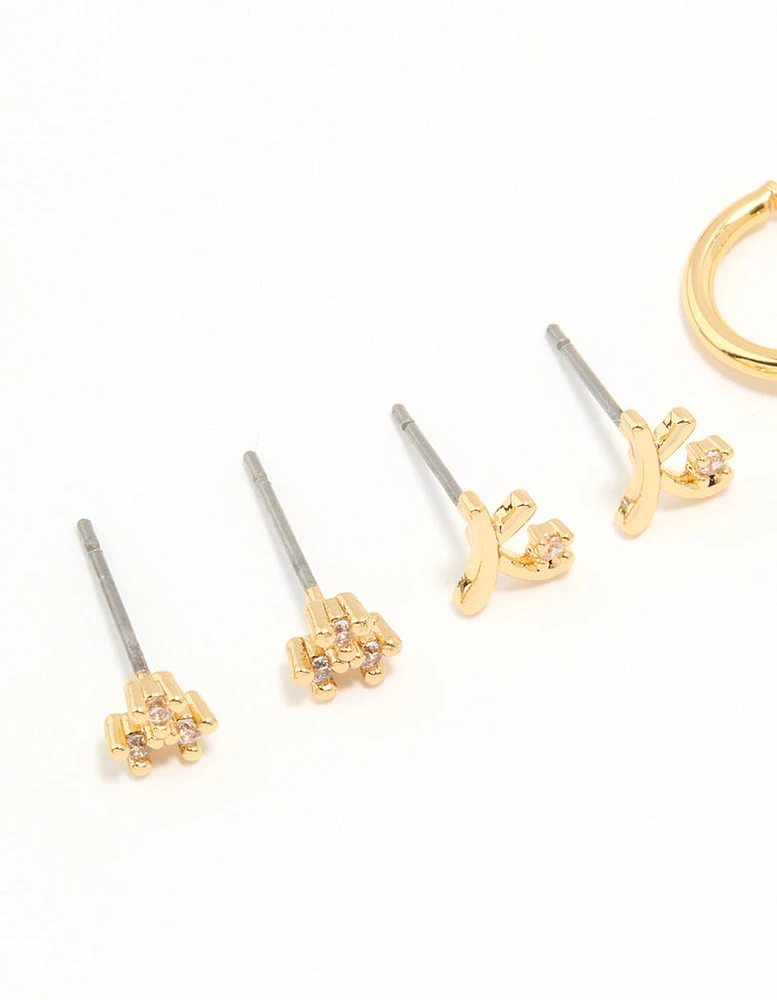 Gold Plated Cubic Zirconia Letter K & Dainty Flower Earrings 4-Pack