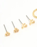 Gold Plated Cubic Zirconia Letter K & Dainty Flower Earrings 4-Pack