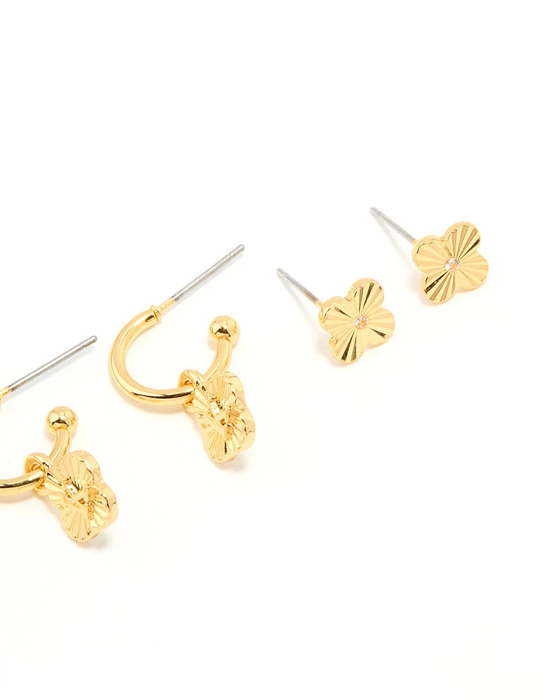 Gold Plated Cubic Zirconia Letter K & Dainty Flower Earrings 4-Pack