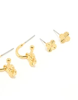 Gold Plated Cubic Zirconia Letter K & Dainty Flower Earrings 4-Pack