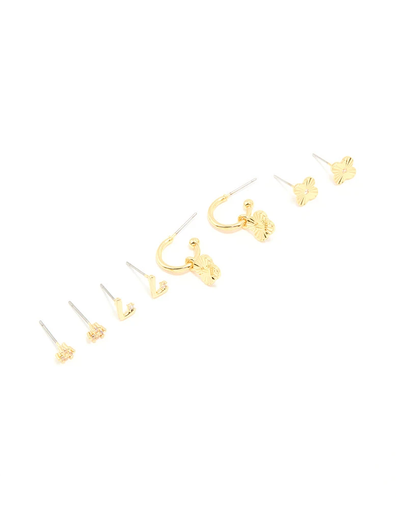 Gold Plated Cubic Zirconia Letter L & Dainty Flower Earrings 4-Pack